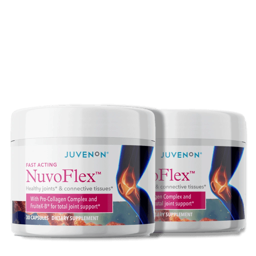 Two containers of Juvenon's Nuvoflex supplement for joints