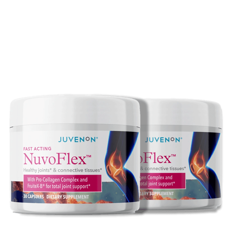 Two containers of Juvenon's Nuvoflex supplement for joints