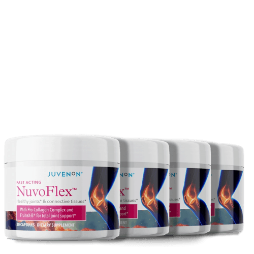 Four containers of Juvenon's Nuvoflex supplement for joints