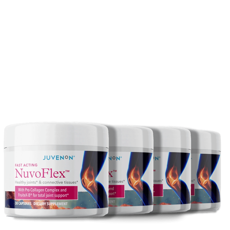 Four containers of Juvenon's Nuvoflex supplement for joints