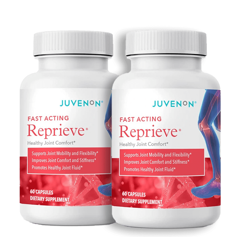 Two containers of Juvenon Reprieve supplement for healthy joints