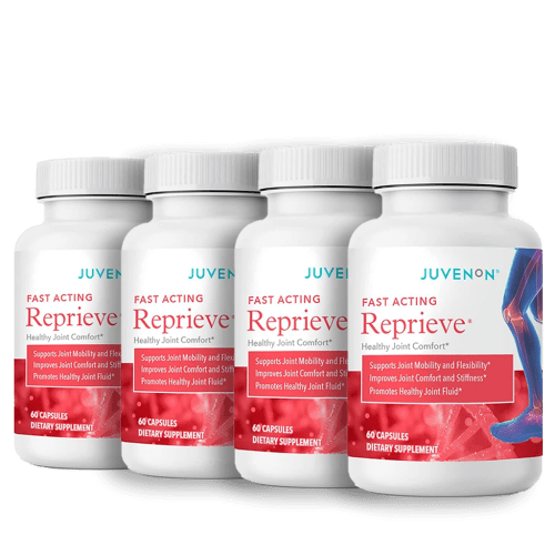 Four containers of Juvenon Reprieve supplement for healthy joints